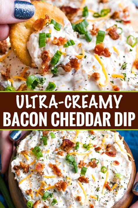 Creamy Bacon Cheese Dip (No Bake) - The Chunky Chef Bacon Cheese Dip, Bake Bacon, Bacon Cheddar Dip, Bacon Cheese Dips, Cheddar Dip, Baked Dips, Bacon Dip, Party Dip, Bacon Appetizers