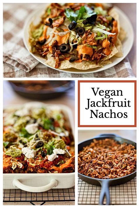 collage of 3 pictures of jackfruit nachos Jackfruit Tamales, Jackfruit Nachos, Vegan Queso Dip, Vegan Jackfruit, Jackfruit Tacos, Green Snacks, Vegan Queso, Plant Based Cheese, Vegan Nachos