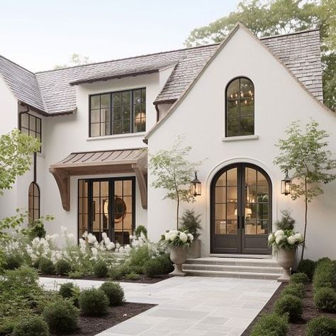 Cottage Modern Farmhouse, White European House Exterior, Plastered House Exterior, White House Renovation, Exteriors Of Houses Ideas, New Home Ideas Exterior, Exterior Home Styles Architecture, Modern Tudor Farmhouse, Ivory Home Exterior