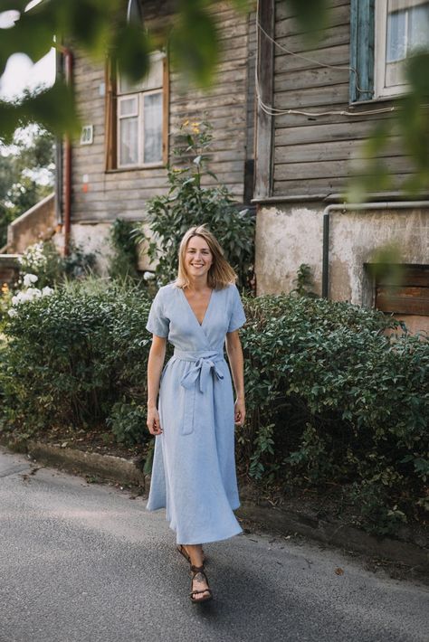 Blue Summer Outfits, Blue Linen Dress, Blue Dress Women, Dress Bridesmaids, Blue Wrap Dress, Wide Skirt, Light Blue Dress, Dress Light Blue, Modest Bridesmaid Dresses