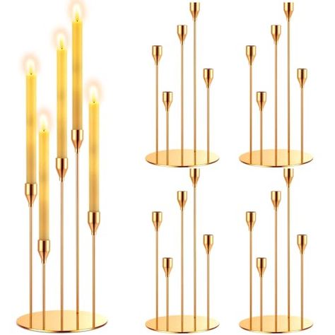 Barydat 4 Pcs 5 Arms Gold Candle Holder Centerpiece Taper Candle Holder with Circular Base Metal 5 Arms Candelabra Metal Candlestick Holder for Christmas Wedding Decor, Fit 0.87" Candles(Matte Gold) Gold Candle Holder Centerpieces, Gold Taper Candle Holders, Christmas Wedding Decor, Gold Taper Candles, Golden Candle, Gold Candle Holder, Candle Holder Centerpiece, Gold Candelabra, Candelabra Centerpiece