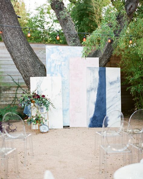 Ceremony Backdrop Pastel Wedding Colors, Courtyard Wedding, Creative Backdrops, Pastel Color Schemes, Ghost Chairs, Wedding Ceremony Backdrop, Garden Wedding Venue, Backdrop Design, Pastel Wedding