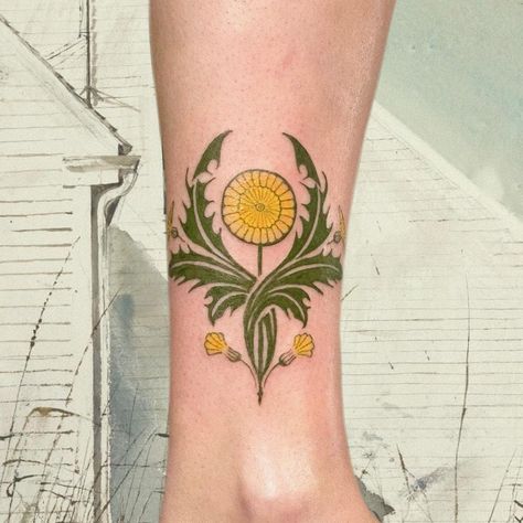 Daisy Elbow Tattoo, Art Nouveau Bird Tattoo, Measurement Tattoo, Green Ink Tattoo, Danish Tattoo, Inner Ankle Tattoo, Tattoos On Brown Skin, Tapestry Tattoo, Solid Tattoo