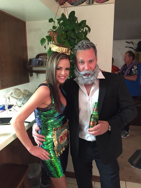 The most interesting man in the world and his sexy bottle of Dos Equis.  Couples costume idea. Dos Equis Costume, Spooky Sewing, Adult Costume Ideas, Creepy Diy, Costume Couple, Diy Costume Ideas, Couple Costume, Couples Costume, Black Halloween Dress