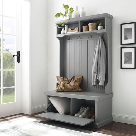 Crosley Furniture Seaside Distressed Gray Hall Tree CF6006-GY | Bellacor Bench And Shoe Storage, Hall Tree With Bench, Hall Tree Storage Bench, Beadboard Paneling, Hall Trees, Wood Storage Bench, Grey Hall, Cubby Storage, Hall Tree