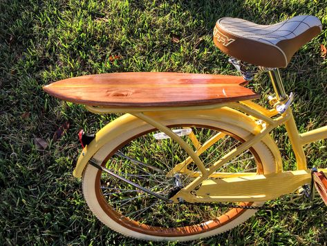 Yellow Beach Cruiser, Beach Cruiser Bikes Aesthetic, Beach Cruiser Bikes Accessories, Beach Cruiser Bikes Women, Surfboard Bike Rack, Beach Cruiser Accessories, Cruiser Bike Accessories, Custom Beach Cruiser, Mini Surfboard