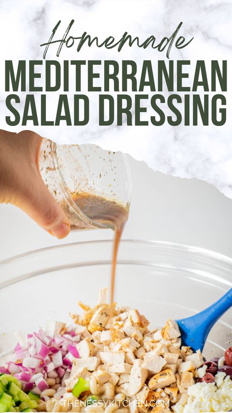 A simple salad dressing that is easy to make at home with staple ingredients. Mediterranean Diet Salad Dressing, Mediterranean Dressing, Mediterranean Salad Dressing, Simple Salad Dressing, Mediterranean Diet Recipes Dinners, Salad Diet, Easy Salad Dressing, Simple Vinaigrette, Simple Salad