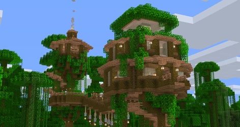 Treehouse Village Minecraft, Minecraft Treehouses Jungle, Jungle Hut Minecraft, Jungle Tree House Minecraft, Minecraft Jungle Treehouse, Minecraft Jungle Builds, Tree House Minecraft, Minecraft Jungle House, Minecraft Treehouses