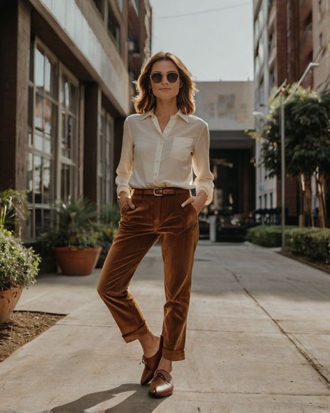 Curdoroy Pants Outfit Womens Brown, Cognac Pants Outfit, Brown Corduroy Pants Outfit Women, Brown Button Down Shirt Outfit, Brown Corduroy Pants Outfit, Trousers Outfit Winter, Tan Corduroy Pants, Corduroy Pants Outfit, Interview Outfits Women