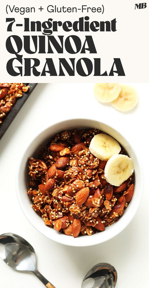 Crispy, crunchy, golden, and nutty homemade granola with 9 g protein/serving! Enjoy it with your favorite yogurt & fruit for a simple breakfast or snack! Quinoa Snack Recipes, Quinoa Crunch, Quinoa Cereal, Quinoa Recipes Breakfast, Quinoa Granola, Quinoa Breakfast Bowl, Packed Breakfast, Granola Recipe Homemade, Favorite Breakfast Recipes