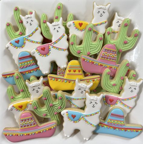 Mexican Theme Cookies, Decorated Cookies, Royal Icing Cookies, Llama Cookies, Cactus Cookies, Sombrero Cookies, Fiesta Cookies Fiesta Cookies Decorated, Mexican Theme Cookies, One Birthday Cookies, Fiesta Cookies, Mexican Cookies, Cookies Royal Icing, First Birthday Cookies, Theme Cookies, Sugar Cookie Icing