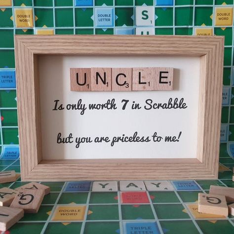 Check out this item in my Etsy shop https://www.etsy.com/uk/listing/733973907/uncle-gift-scrabble-tile-frame-gift-for Uncle Crafts From Niece, Gifts For Uncles From Niece, Best Uncle Gifts, Uncle And Nephew Aesthetic, Diy Gifts For Uncle, Gift Ideas For Uncles Birthday, Diy Christmas Gifts For Aunt, Presents For Uncle, Uncle Fathers Day Gift Ideas