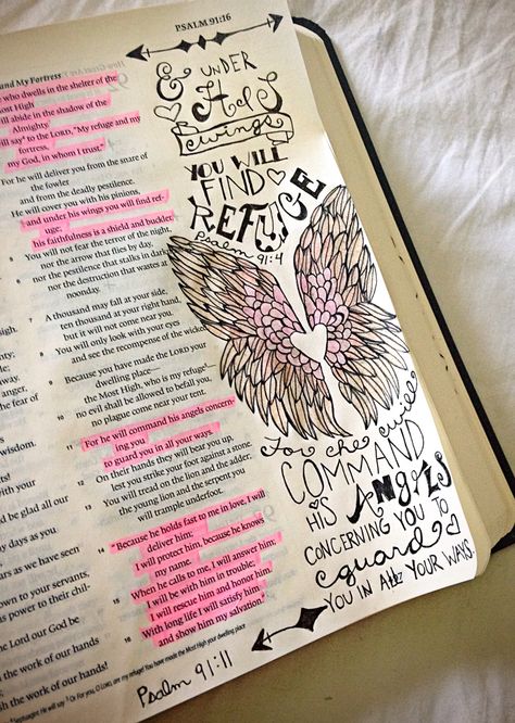 I love Psalm 91. These wings were inspired by a sculpture I saw here on Pinterest. Illuminated Bible, Faith Art Journaling, God's Mercy, Psalm 91 11, Psalms 91, Faith Journaling, Journaling Bible, Faith Art, Bible Love