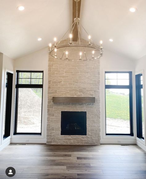 Windows On The Side Of Fireplace, Fireplace With Glass Doors On Each Side, Cathedral Ceiling With Fireplace, Fireplace Wall With Windows On Each Side, Living Room Beams Ceiling, Windows On Either Side Of Fireplace, Fireplace Windows On Each Side, Hearth Room Off Kitchen With Fireplace, Vaulted Living Room With Fireplace