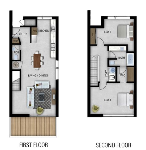 2 Story Tiny House, Apartment Blueprints, 2 Bedroom Apartment Floor Plan, South Facing Windows, Bed Deck, Condo Floor Plans, 2 Bedroom Floor Plans, Townhouse Apartments, Urban Housing