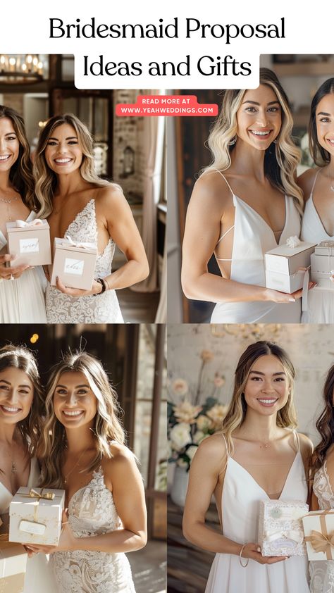 A stunning bride in a white gown stands beside a beautifully dressed bridesmaid, both smiling and holding personalized gift boxes, showcasing creative bridesmaid proposal ideas and gifts. How To Ask Bridesmaids, Creative Bridesmaid Proposal Ideas, Unique Bridesmaid Proposal Ideas, Ask Bridesmaids, Unique Bridesmaid Proposal, How To Ask Your Bridesmaids, Bridesmaid Proposal Ideas, Proposal Candles, Bridesmaid Diy