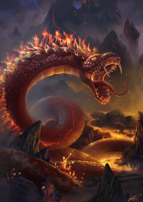 Fire snake by feintbellt.deviantart.com on @DeviantArt Fire Snake Art, Snake Mythology, Fire Serpent, Snake Totem, Snake Monster, Fantasy Creatures Mythology, Fire Snake, Fire Giants, Copper Plates