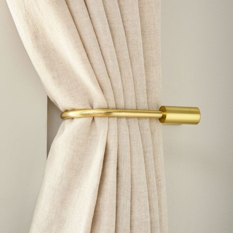 Oversized Curtain Rod Tiebacks | West Elm Gold Curtain Rod, Double Shower Curtain Rod, West Elm Curtains, Curtain Pull Backs, Brass Curtain Rod, Gold Curtain Rods, Double Shower Curtain, West Elm Pillows, Black Living Room Decor