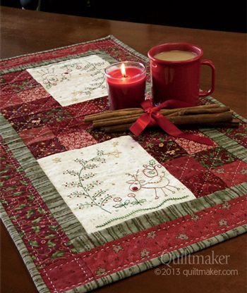 Christmas in the Woods   Gail Pan designs a holiday table runner with simple stitching and easy piecing. Designed by: Gail Pan • gailpandesigns.typepad.com Skill Level: Easy Technique: Piecing and Embroidery Size: Table Runner, 16” Christmas Applique Table Runner, Christmas Wool Applique Table Runner, Christmas Placemats Embroidery, Holly Table Runner, Holiday Quilt Patterns, Patchwork Christmas. Table Runner, Boys Quilt Patterns, Holiday Table Runner, Paper Pieced Quilt Patterns