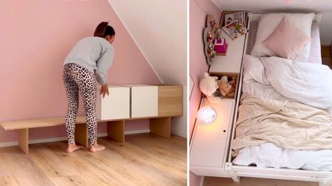 Eket Nightstand Hack, Ikea Hacks Bed, Eket Ikea Hacks, Eket Ikea, Ikea Hacks For Cats, Ikea Room Divider, Ikea Hack Bedroom, Ikea Bed Hack, Living Room Hacks