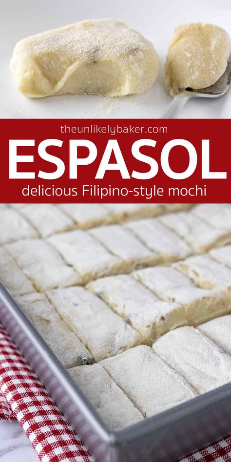 Espasol is the Filipino equivalent to mochi — delightfully stretchy, soft and chewy. It’s easy to make too! Eat as a snack or dessert, it’s so good! Check out the recipe with lots of tips and FAQs for perfect espasol every time. Filipino Mochi Dessert, Filipino Easy Recipe, Mochico Recipe, Filipino Cookie Recipes, Cascaron Filipino Dessert, Filipino Dessert, Biko Recipe, Food For The Gods, Filipino Dessert Recipes