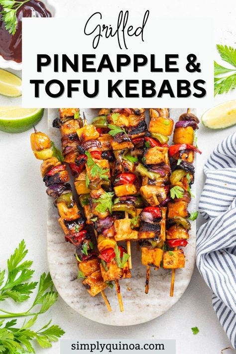 These barbecue grilled pineapple and tofu kebabs are made with fresh veggies, extra-firm tofu, and homemade vegan barbecue sauce for an easy summer cookout dinner. these fruity pineapple kebabs are a long-time favorite. They're perfectly charred with a delicious, sweet, and savory flavor. Plus, they couldn't be easier to make. Pineapple Tofu, Tofu Kebab, Vegan Cookout, Vegetarian Bbq, Tofu Recipes Vegan, Vegan Summer Recipes, Vegan Grilling, Healthy Dinner Recipes For Family, Vegan Bbq