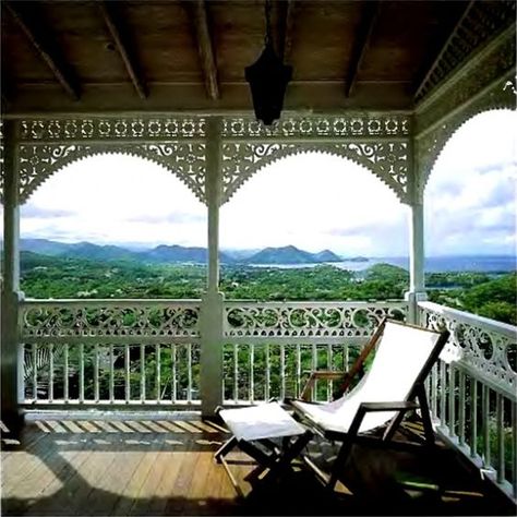 Caribbean Colonial Veranda | British Colonial Style ... Upstairs Balcony Ideas, Indoor Sunrooms, Sunporch Ideas, Upstairs Balcony, Virtual Vacation, Dream Porch, Balcony Ideas House, Gingerbread Cottage, Gingerbread Trim