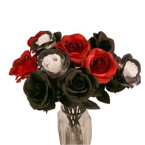 PRICES MAY VARY. Upgraded Premium Silk Material - These artificial maroon roses flower and stem was made of high quality silk and the stem was with steel wire internal. The stem can be cut or bend to adjust the length of flower as you needed. 10 Bundle Super Value Set - The set of halloween roses flowers for outdoors includes 10 bundles of artificial rose flowers. The mix colored artificial flowers includes Black, Dark red, Black and white three-color mixed color. There are 10 roses in total, 3 Black And Red Halloween Decor, Red Black And Gold Centerpieces, Black And Gold Centerpieces, Maroon Roses, Halloween Roses, Black And Red Roses, Gothic Flowers, Gothic Themes, Gold Centerpieces