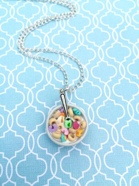 Lucky Cereal, Charm Necklace Polymer Clay, Miniature Food Jewelry, Food Jewelry, Cereal Necklace, Miniature Food Cereal Necklace, Bff Keychain, Taco Earrings, Clay Miniature Food, Lucky Charms Cereal, Polymer Clay Miniature, Polymer Clay Kawaii, Necklace Polymer Clay, Book Necklace