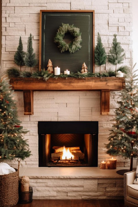 40+ Rustic Farmhouse Christmas Mantel Ideas for a Cozy Fireplace Setting Boho Christmas Mantle Ideas, Farmhouse Style Fireplace Ideas, Christmas Fireplace Mantels Farmhouse, Rustic Christmas Mantel Decor, Decorating Fireplace Mantel Christmas, Diy Christmas Mantle Decor Ideas, Christmas Fireplace Mantle Ideas, Small Mantle Christmas Decor, Stone Fireplace Christmas Decor