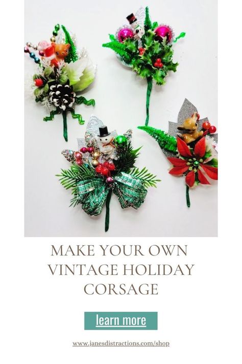 Check out this tutorial on how to make your own vintage style holiday corsage in my shop at Janes's Distractions dot com. Corsage Tutorial, Corsage Diy, Christmas Corsage, Fake Leaves, Diy Corsage, Christmas Vignettes, Holiday Pins, Pipe Cleaners, Old Christmas