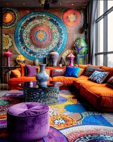 Maximalist Living Room, Bohemian Style Decor, Bohemian Style Interior, Small Couch, Colorful Tapestry, Color And Texture, Chic Lounge, Artistic Space, Wall Art Ideas