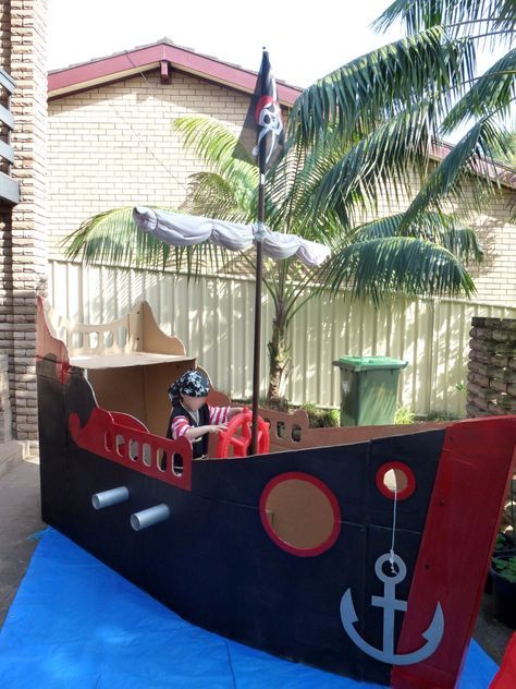 Pirate Ship Diy Pirate Party, Pirate Ships Diy, Cardboard Pirate Ship, Diy Pirate, Large Cardboard Boxes, Peter Pan Party, Pirate Books, Pirate Crafts, Pirate Theme Party