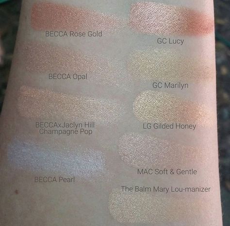 BECCA highlight swatches Becca Highlighter Swatches, Highlighter Looks, Becca Champagne Pop, Best Highlighters, Highlighter Swatches, Becca Highlighter, Mac Pigment, Best Highlighter, Daily Makeup Routine