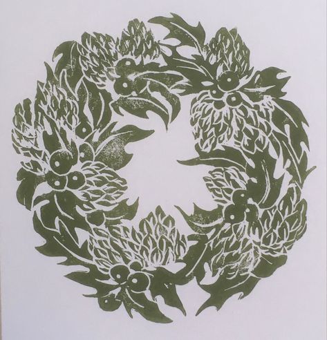 Wreath Lino Print, Holly Linocut, Print Cards, Holly Christmas, Litho Print, Lino Cut, Print Ideas, Floral Foam, Printed Ribbon