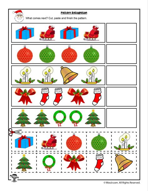 Cut and Paste Christmas Pattern Recognition Worksheet | Woo! Jr. Kids Activities Free Printable Christmas Worksheets, Pattern Worksheets For Kindergarten, Christmas Math Worksheets, Preschool Christmas Activities, Holiday Worksheets, Pattern Worksheet, Free Preschool Worksheets, Christmas Worksheets, Free Kindergarten Worksheets