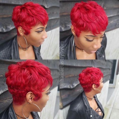 Wig With Swoop, Short 27 Piece Hairstyles, Cherry Red Hair Color, Red Wine Hair, Red Pixie Haircut, 27 Piece Hairstyles, Black Women Hair Color, Relaxed Hairstyles, Short Relaxed Hairstyles