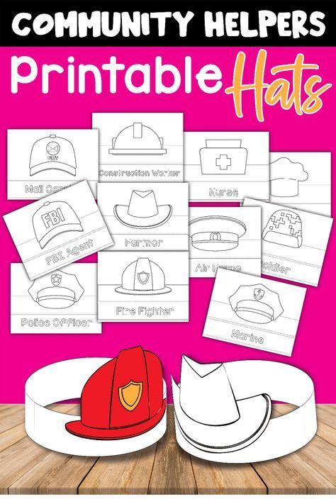 Grab these free printable community helper hats and get suggestions on ways to use them in the classroom or at home. Police Hats For Preschool, Community Helpers Preschool Construction Worker, Construction Hat Craft Preschool, Farmer Hat Craft Preschool, Farmer Community Helper Activities, Police Hat Craft Preschool, Community Helper Coloring Pages Free, Farmer Hat Craft, Police Hat Template Free Printable