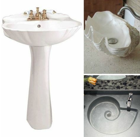 Shell Shape Sinks... http://www.completely-coastal.com/2017/06/coastal-bathroom-sink.html Shell shaped white pedestal sink, clam shell sink... and more. Sea Shell Bathroom, Small Coastal Bathroom Ideas, Guests Bathroom, Shell Bathroom, Shell Sink, Bathroom Coastal, Bathroom Tile Diy, Coastal Bathroom Decor, White Pedestal