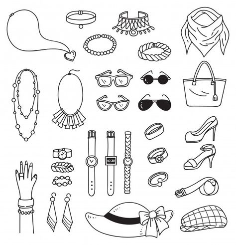 Set of fashion accessories doodle isolated on white background Premium Vector Cute Drawing Accessories, Cute Accessories Drawing Ideas, Fashion Accessories Sketch, Accessories Design Sketch Fashion Illustrations, Fashion Doodles Illustration, Accessory Design Sketches, Accessories For Drawing, Fashion Doodle Art, Cute Accessories Drawing