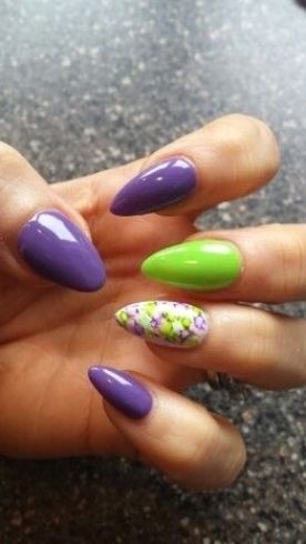 Purple And Lime Green Nail Designs, Purple Green Nails Designs, Purple And Green Nail Art, Purple And Lime Green Nails, Green And Lilac Nails, Green And Purple Nails Ideas, Lavender And Green Nails, Purple And Green Nails Acrylic, Green And Purple Nail Designs