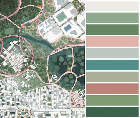 Facebook Landscape Architecture Color Palette, Urban Planning Masterplan, Photoshop Color Palette, Site Plan Rendering, Urban Spaces Design, Landscape Architecture Graphics, Urban Design Graphics, Landscape Design Drawings, Architecture Portfolio Design