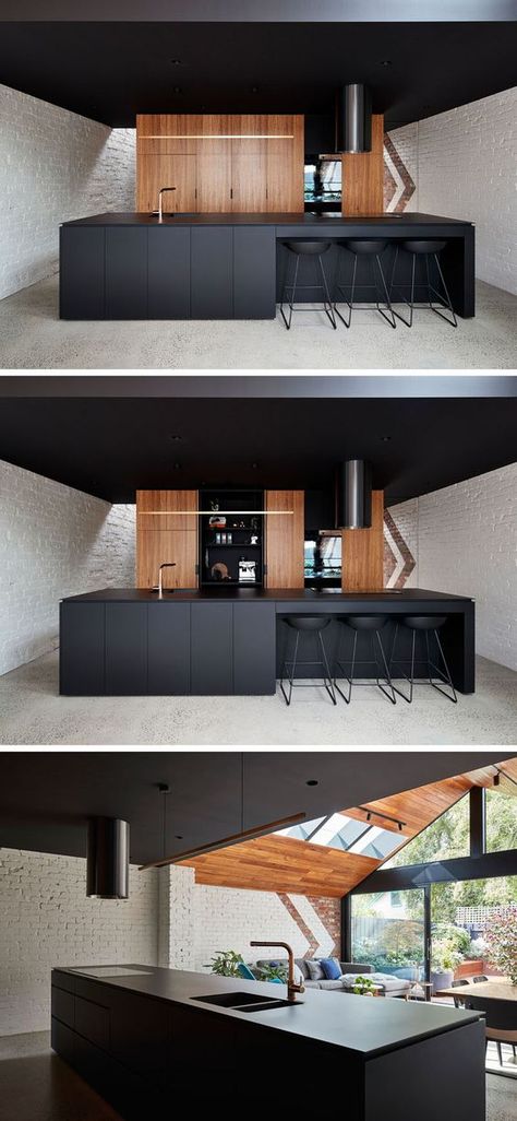 This modern kitchen features a black island and ceiling, and wood cabinets. Modern Köksdesign, Kitchen Black, Best Kitchen Designs, Lodge Decor, Hus Inspiration, Kitchen Decorating, Design Del Prodotto, Trendy Kitchen, Kitchen Remodel Idea