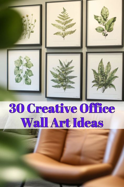 A gallery wall featuring botanical prints enhances Creative Office Space Design Interiors with a fresh touch, blending Corporate Office Wall Art with Contemporary Office Design for a polished and professional aesthetic. Murals For Office, Creative Office Wall, Office Wall Art Ideas, Contemporary Office Design, Office Mural, Creative Office Space, Office Decor Professional, Motivational Decor, Work Office Decor