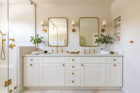 Providencia-Master Bath | HOME Brass Bathroom Vanity, Light Glam, Award Winning Kitchen Design, Brushed Brass Bathroom, Crystal Vanity, Kitchen Design Showrooms, Crystal Bathroom, Vanity Lights Bathroom, Black Vanity Bathroom