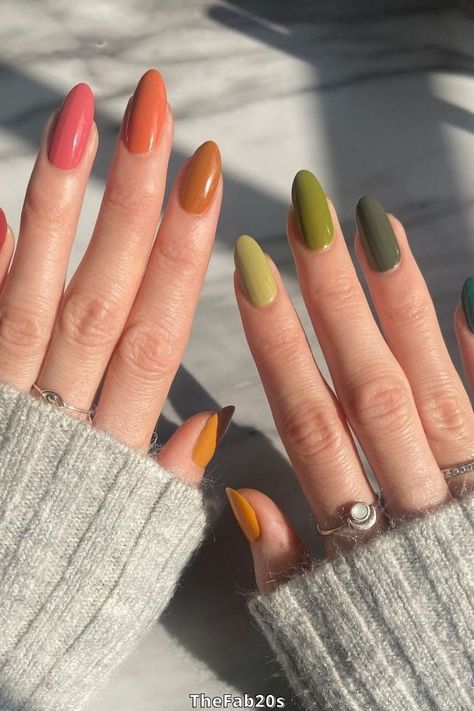 Spring nails pink ombre Fall Nails 2023 Multi Color, Alternate Color Nails, Tri Colored Nails, Minimalist Nails Colorful, Autumn Multicolor Nails, Fall Rainbow Nail Colors, Simple Nail Color Combos, Two Different Colored Nails On Each Hand Acrylic, Every Nail A Different Color