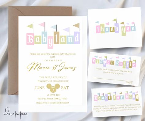 Editable Disneyland Baby Shower Invitation Bundle, Babyland Baby Shower, Disney Baby Shower - Etsy Disney Baby Shower Themes, Disneyland Birthday, Baby Shower Theme Decorations, Disney Baby Shower, Twins Baby Shower, Baby Shower Princess, Baby Shower Invite, Baby Shower Planning, Baby Shower Invites