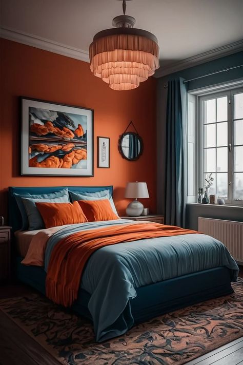 #bedroominterior #fyp #foryou #reels #viral #viralreels #interior #interiordesign Orange And Navy Bedroom, Blue And Beige Bedroom, Bedroom Interior Modern, Bedroom Design Tips, Bedroom Luxurious, Beige Bedroom Decor, Navy Bedrooms, 2024 Bedroom, Cozy Fall Bedroom