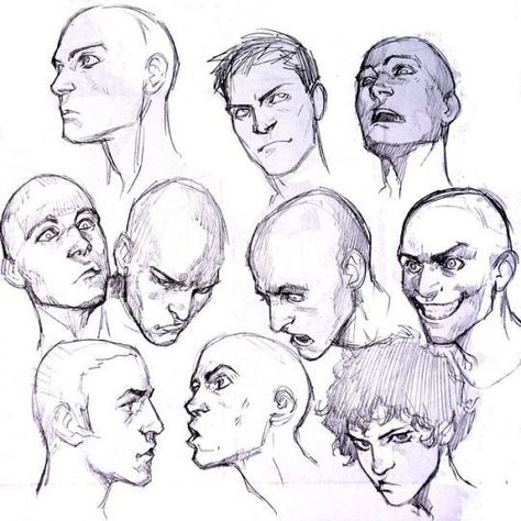 Character Design Heads, Bald Character Design, Face Expression Reference, Expression Poses, Head Poses, Expression Drawing, Sketch Face, Sketches Of People, Drawing Heads