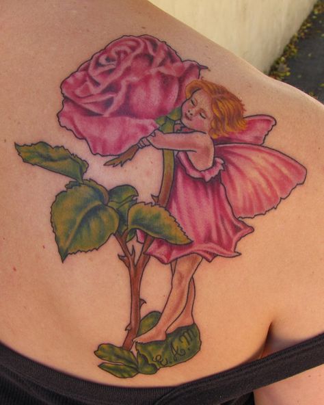 Fairy Rose by JakubNadrowski.deviantart.com Fairy Rose Tattoo, Rose Fairy Tattoo, Flower Fairy Tattoo, Fairy Tattoos, Fairy Rose, Baby Name Tattoos, Basic Tattoos, Pawprint Tattoo, Garden Tattoos